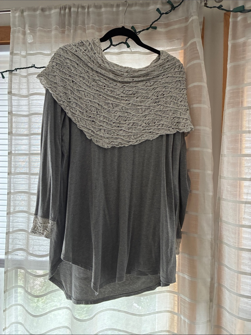 neon buddha Gray Long Sleeve Tunic with Cream Knit Shawl